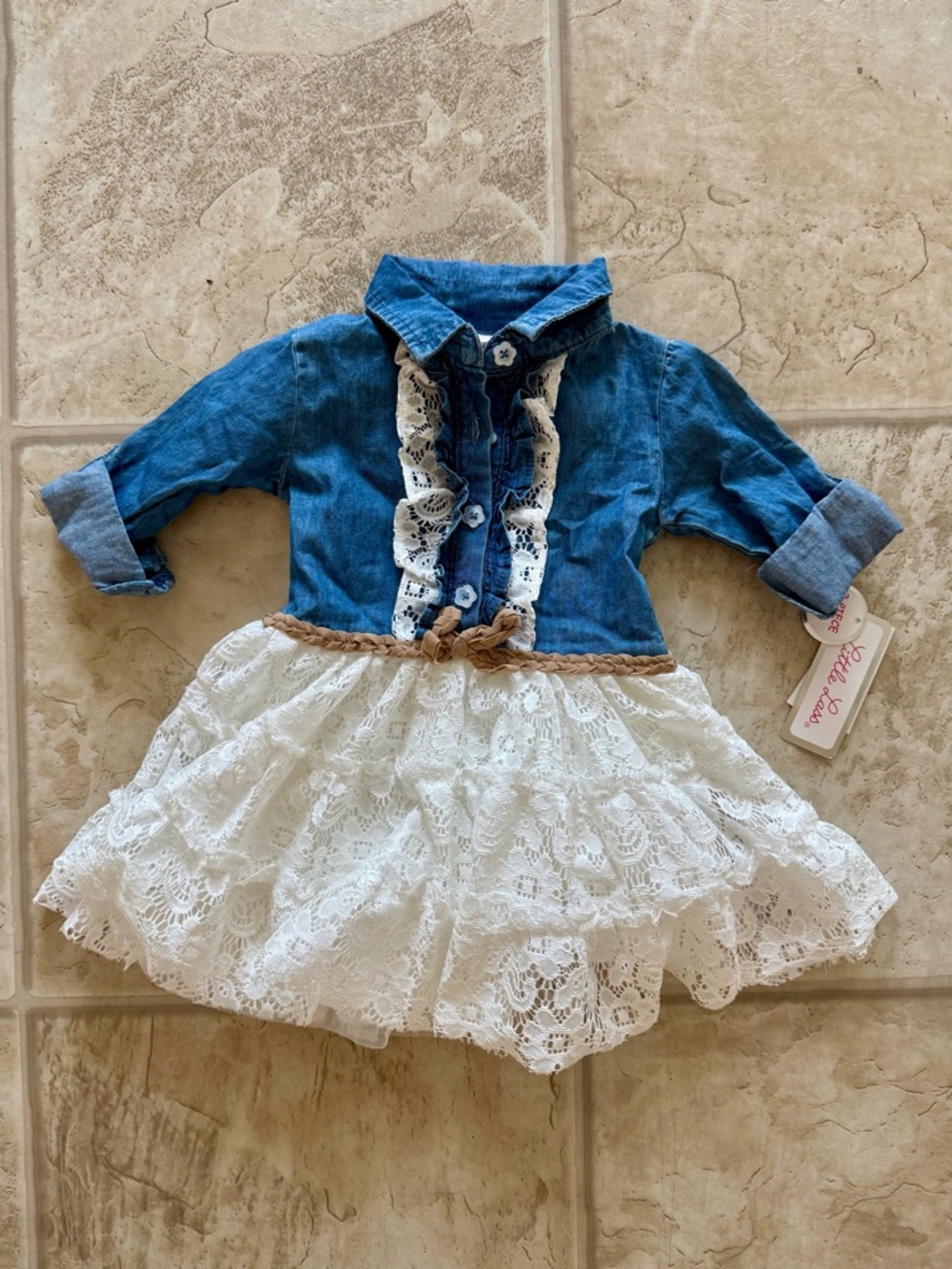 Little Lass NWT 12 Month Country Cowgirl Dress White Lace Cotton Denim